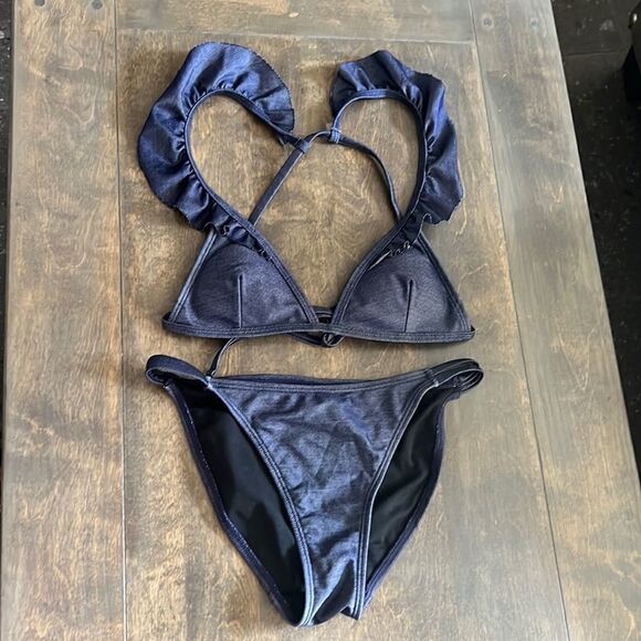 Sand Castle Navy Solid Ruffle Bikini Set looks like denim Sz-Small - Picture 1 of 5